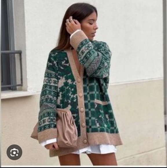 ZARA Courtyard Green Patchwork Green Tan Oversized Cardigan Small - Picture 1 of 6